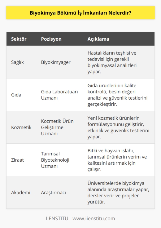 Biyokimya bölümü sağlık sektöründe, gıda laboratuarlarında, kozmetik alanında ve ziraat kurumlarında biyo   olarak çalışabilir. Üniversitelerde araştırmacı olarak çalışabilirler. Biyokimya bölümü mezunları analiz yapma yetenekleri sayesinde laboratuarlarda da çalışma imkanı olan kişilerdir. Biyokimya mezunları aynı zamanda yeni ürün geliştirme ve test etme konusunda çalışma imkanı bulabilirler.