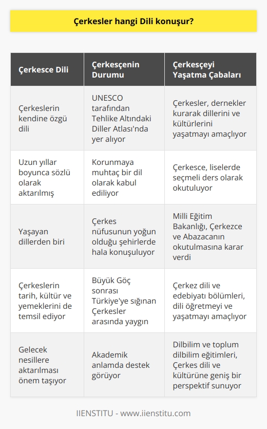 Çerkesler, genel olarak Çerkesce dili konuşurlar. Çerkesce, Çerkeslerin kendine özgü bir dili olup, uzun yıllar boyunca sözlü olarak aktarılan bir dildir. Bu dil, yaşayan dillerden biri olmakla birlikte UNESCO tarafından Tehlike Altındaki Diller Atlasında yer alarak korunmaya muhtaç bir dil olduğunu gösterir.   Çerkesler, dillerinin yok olmaması ve gelecek nesillere aktarılması için kendi derneklerini kurarak bu konuda önemli adımlar atmaktadırlar. Çerkesceyi yaşatmayı amaçlayan bu dernekler, dilin yanında Çerkes tarihi, kültürü, yemekleri gibi değerleri de ayakta tutmayı hedefler. Çerkesler, dillerini sadece kendi aralarında değil, bir sonraki   a da aktarmaya özen göstermektedirler.   Ülkemizde Çerkesce, liselerde seçmeli bir ders olarak okutulmaktadır. Çerkes nüfusunun yoğun olduğu şehirlerde sıklıkla bu dili   k için seçilir. Bu uygulama, dilin yaşatılması konusunda önemli bir adım olmuştur. Milli Eğitim Bakanlığı, 2012 yılında okullarda “Yaşayan Diller ve Lehçeler” dersi altında Çerkezce ve Abazacanın okutulmasına karar vermiştir.  Çerkesce dili, son dönemlerde akademik anlamda da destek görmektedir. Çerkez dili ve edebiyatı bölümü, öğrencilere Çerkezceyi öğretmeyi ve bu dili yaşatmayı amaçlamaktadır. Bu bölüm, öğrencilere dilbilim ve toplum dilbilim eğitimi de vererek, Çerkes dili ve kültürü konusunda geniş bir perspektif sunar. Büyük Göç sonrası çoğu Çerkesin Türkiyeye sığınmasının ardından, bu tür eğitim programları Çerkes dili ve kültürünün yaşatılmasına katkı sağlamaktadır.  Sonuç olarak, Çerkesler, Çerkesceyi korumak ve gelecek nesillere aktarabilmek için çeşitli girişimlerde bulunmaktadırlar. Bu girişimler arasında linguistik alanında uzmanlaşmış akademisyenler ve eğitimciler tarafından desteklenmekte ve bu sayede Çerkes dili ve kültürü daha geniş kitlelere ulaşmaktadır. Bu dilin yaşatılması ve korunması, hem Çerkes halkının tarihi ve kültürel kimliğinin korunması hem de çeşitliliğin ve kültürel zenginliğin desteklenmesi açısından önemlidir.