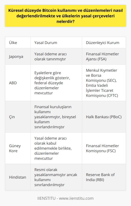 Küresel Düzeyde Bitcoin Kullanımı ve Düzenlemeleri  Bitcoin, yani sanal para birimi, dünya genelinde kullanımı hızla artan bir teknolojidir. Küresel düzeyde bitcoin kullanımı ve düzenlemeleri, her ülkenin kendine has yasal çerçeveleri ve ekonomi politikalarıyla şekillenmektedir. Bu bağlamda, bitcoinin kullanımı ve düzenlemeleri konusundaki değerlendirmeler farklı ülkelerde farklı düzeylerde ele alınabilir.  Yasal Çerçevelerin İncelenmesi  Bitcoin, bazı ülkeler tarafından olumlu bir bakış açısıyla benimsenirken, bazı ülkelerde ise mevcut yasal düzenlemelerin olmaması nedeniyle çekincelerle yaklaşılmaktadır. Legalite eksikliği ve kontrolsüz yapısı dolayısıyla, bitcoin kullanımının zararları da ekonomi ve bireylerin güvenliği açısından tartışılır hale gelmiştir.   Bitcoin Avantajları  Bitcoin kullanımının avantajları arasında hızlı ve düşük maliyetli transferler, merkezi olmama özelliği ve konvansiyonel bankacılık sisteminden bağımsız işlem yapma imkanı öne çıkmaktad. Bu avantajlar, teknolojinin yanı sıra ticaret ve finansal işlemlerin daha etkin yürütülmesi için önemli bir potansiyel sunar.   Bitcoin Dezavantajları  Bitcoin kullanımının dezavantajları ise; fiyat dalgalanmaları, ekonomi üzerinde olası spekülatif etkiler ve belirsiz yasal düzenlemeler şeklinde sıralanabilir. Ayrıca, yasa dışı aktiviteler ve dolandırıcılık gibi potansiyel riskleri de beraberinde getirmektedir.   Ülkelerin Yasal Çerçeveleri  Ülkelerin bitcoin kullanımına yönelik yasal çerçeveleri belirleyici bir rol oynamaktadır. Her ülke, kendi ekonomi politikalarına bağlı olarak bitcoin kullanımını tamamen yasaklayabilir, mali otoritesinin denetimi altına alabilir veya fiilen serbest bırakabilir. Örneğin, Japonya, Güney Kore ve ABD gibi ülkeler bazı düzenlemelerle bitcoin kullanımına ve işlemine izin verirken, Çin ve Hindistan gibi ülkeler ise kullanımına sınırlamalar getirmektedir.  Bitcoin, gittikçe popüler olmaya başlayan ve ülkelerin yasal çerçeveleri içerisinde değerlendirilerek düzenlemeye tabi tutulması gerektiren bir teknolojidir. Dolayısıyla, bitcoin veya benzeri kripto paraların kullanımı ve düzenlemeleri konusunda dünya genelinde standardizasyon ve işbirliği sağlayacak yasal düzenlemelere ihtiyaç duyulmaktadır.