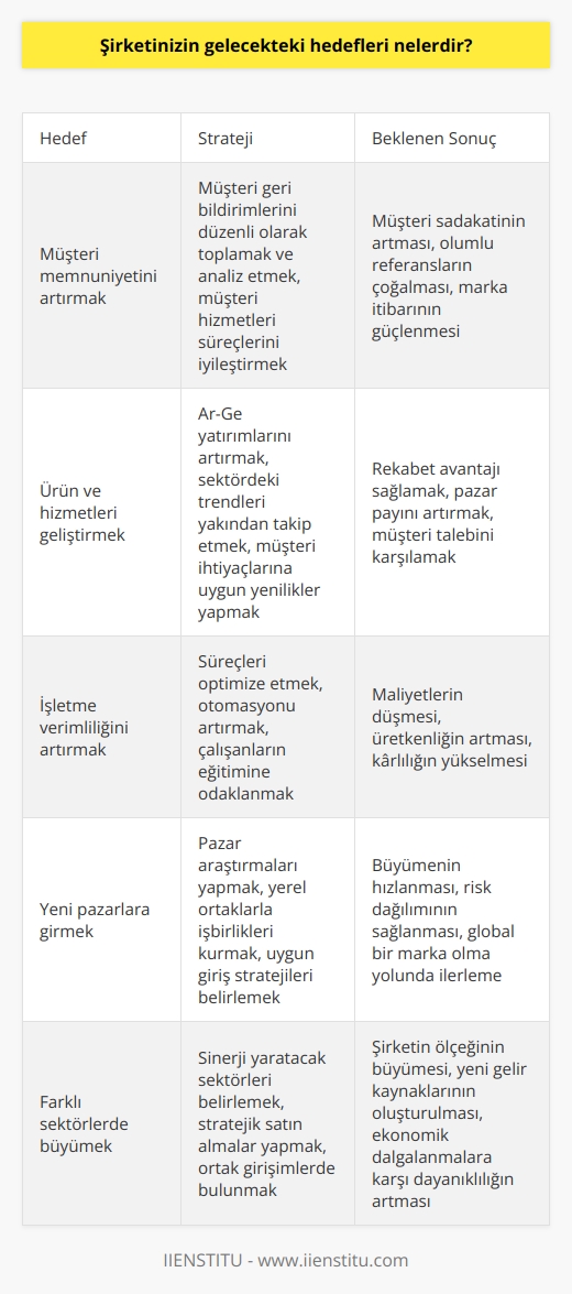 Şirketimizin gelecekteki hedefleri, müşteri memnuniyetini arttırmak, ürün ve hizmetlerimizi geliştirmek, işletme verimliliğini artırmak, yeni pazarlara girmek, yeni ürünler geliştirmek ve farklı sektörlerde büyümektir.