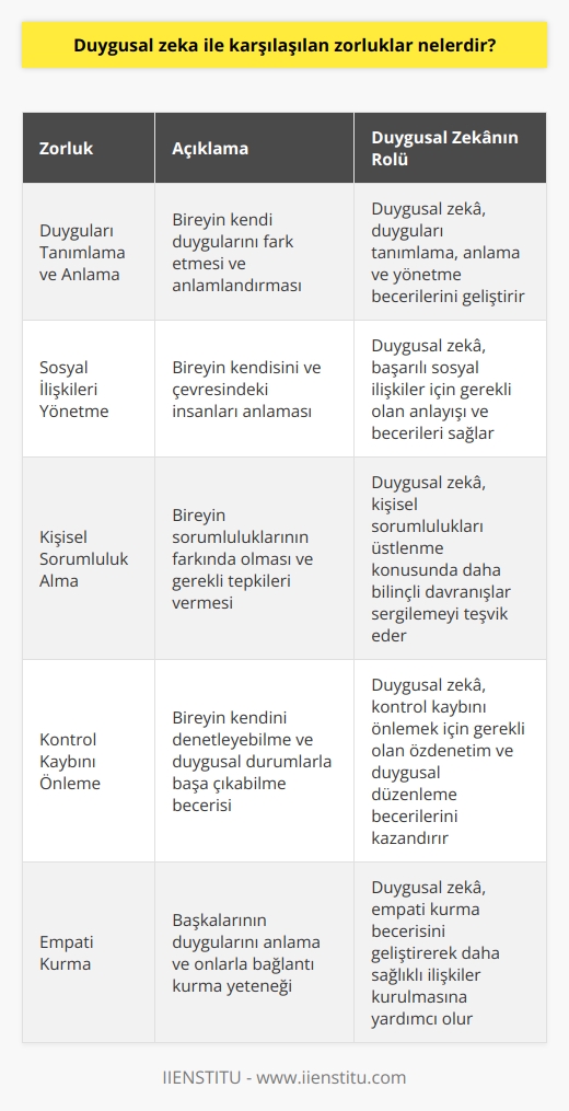 1. Duyguların farkına varmak ve bunları anlamak: Duygusal zeka, sizin duygularınızın farkına varmanıza ve bunları anlamanıza yardımcı olur. Duygusal zeka, insanların duygularını tanımlamak, anlamak ve yönetmek için gerekli olan yetenekleri geliştirmeyi amaçlar.  2. Sosyal ilişkilerin yönetimi: Duygusal zeka, insanların kendilerini ve çevrelerindeki diğer insanları anlamaya yardımcı olur. Sosyal ilişkilerin yönetimi, duygusal zekanın anlaşılması ve kullanılmasıyla başarılı olur.  3. Kişisel sorumluluk alma: Duygusal zekaya sahip olanlar, kişisel sorumluluklarını almak için daha sorumlu davranışlar sergileyebilirler. Duygusal zeka, kişisel sorumluluklarının farkında olan ve bunların gerektirdiği tepkilere sahip olan kişilerin gelişmesini sağlar.  4. Kontrol kaybına uğrama: Duygusal zeka, insanların kontrolünü kaybetmemeleri için kendilerini denetleyebilme becerileri geliştirmelerini sağlar. Duygusal zeka, kişinin kendini kontrol edebilmesi ve duygusal durumlarının üstesinden gelebilmesi için gerekli olan becerileri kazandırmak için önemlidir.