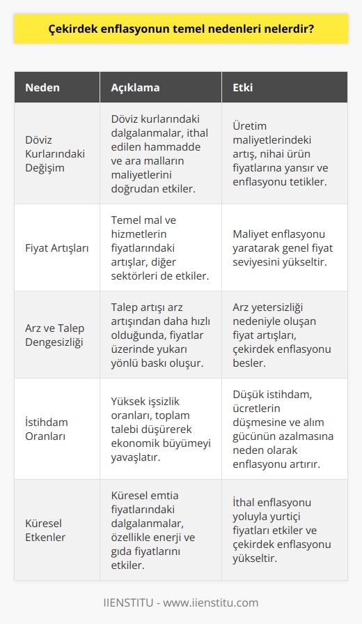1. Döviz kurlarındaki değişim: Döviz kurlarındaki değişimler, ürünlerin maliyetlerini etkileyebilir. Bu nedenle, üretim maliyetlerindeki artışlar ürünlerin fiyatını etkileyebilir ve enflasyonu artırabilir.  2. Fiyat artışları: Fiyat artışları, ürünlerin maliyetlerindeki artışlardan kaynaklanan enflasyonlu bir etkisi olabilir.  3. Arz ve talep: Arz ve talebin karşılaşması, ekonomik faaliyetlerin değerlendirilmesinde önemli bir unsur olarak kabul edilir. Dengesizlikler arz ve talep dengesinin bozulmasına neden olabilir ve bu da ürünlerin fiyatlarını etkileyebilir.  4. İstihdam: Ekonomide düşük istihdam oranları, ücretlerin düşük olmasına ve ürünlerin fiyatlarının artmasına neden olabilir.  5. Küresel etkiler: Küresel piyasalardaki dalgalanmalar, ülkelerin maliyetlerinde ve ürünlerin fiyatlarında artışa neden olabilir.