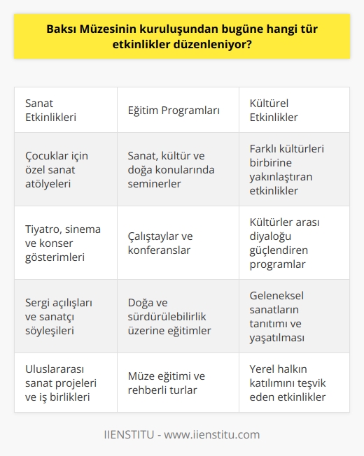 Baksı Müzesi, kültür, sanat ve doğal güzelliklerin bir araya geldiği bir alandır. Müze, kültür, sanat ve doğa konusunda değişik konularda eğitim, sosyal etkinlik, seminer, çalıştay ve konferanslar düzenlemektedir. Müzede, çocuklar için özel sanat atölyeleri, sanat etkinlikleri, tiyatro, sinema, konser ve çeşitli söyleşiler de düzenlenmektedir. Müzede ayrıca, farklı kültürleri birbirine yakınlaştırmak ve güçlendirmek amacıyla çeşitli kültürel etkinlikler de düzenlenmektedir.