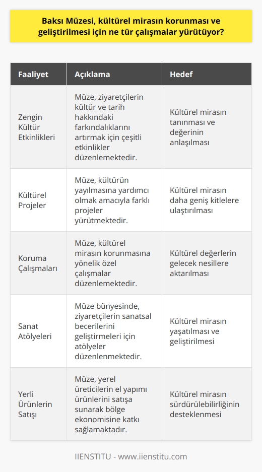 Baksı Müzesi, ülkenin kültürel mirasının tanınması, korunması ve geliştirilmesi için çeşitli çalışmalar yürütmektedir. Bu çalışmalar arasında, müzeyi ziyaret edenlerin kültür ve tarih hakkındaki farkındalıklarını artırmak için zengin bir kültür etkinliği programı yürütmek, kültürün yayılmasına yardımcı olmak için kültürel projeler düzenlemek ve kültürün korunmasına yönelik çalışmalar düzenlemek yer almaktadır. Ayrıca, müzede mevcut olan farklı etkinlikler arasında, sanat atölyeleri, söyleşiler, sergiler, yerli üreticilerin ürünlerinin satışı ve turizm faaliyetleri de yer almaktadır.