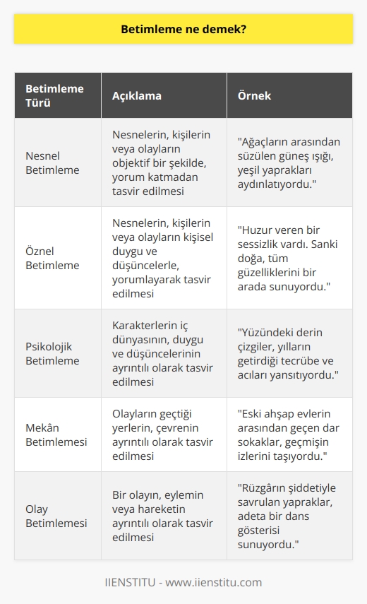 Sözcüklerle resim çizme sanatı demektir. Anlatılan konu ya da olayın okuyucunun zihninde canlandırması demektir. Nesnelerin ya da olayların göz önünde canlandırılması durumudur.