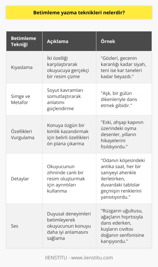 1. Kıyaslama: Kıyaslama, okuyucuya gerçekçi bir resim çizmek için kullanılan bir betimleme tekniğidir. Yazar, konuyla ilgili iki özelliği karşılaştırmak için kullanır.  2. Simge ve Metaför: Simge ve metaförler, okuyuculara anlatılmak istenen şeyi daha kolay anlamasını sağlamak için kullanılan bir betimleme tekniğidir.  3. Özellikleri Vurgulama: Özellikleri vurgulama, anlatılan konuya özgün bir kimliğe sahip olmasını sağlamak için kullanılan bir betimleme tekniğidir.  4. Detaylar: Detaylar, okuyucuya daha gerçekçi bir resim çizmek için kullanılan bir betimleme tekniğidir.  5. Ses: Ses, okuyucuya anlatılan konu hakkında daha derin bir anlayış kazandırmak için kullanılan bir betimleme tekniğidir.