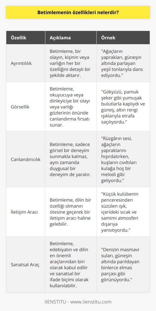 Betimleme, bir olayın veya varlığın detaylarına, özelliklerine ve ayrıntılarına inerek onu gözler önüne serma ve yaşatma sanatıdır. Türk edebiyatında ve günlük hayatta sıklıkla karşımıza çıkan betimleme, aynı zamanda bir anlatım türlerinden biridir. Betimleme, bireylerin gördüklerini, deneyimlediklerini veya hayal ettiklerini, başkalarına detaylı ve anlamlı bir biçimde aktarmalarına olanak sağlar. Bu anlamda betimlemenin en özgün ve temel özellikleri; ayrıntılılık, görsellik ve canlandırıcılıktır.  Öncelikle, betimleme daima ayrıntılara yer verir. Bir olayın, kişinin veya varlığın her bir özelliği, betimleme sürecinde büyük önem taşır. İkinci olarak, betimlemenin en belirgin özelliklerinden biri de görselliktir. Betimleme, bireylere bir olayı veya varlığı gözlerinin önünde canlandırma fırsatı sağlar. Bu yüzden betimleme, yazılı ve sözlü dilin en görsel ve canlandırıcı unsurlarından biri olarak kabul edilir.  Son olarak, betimleme sadece görsel bir deneyim sunmakla kalmaz, aynı zamanda duygusal bir deneyim de yaratır. Bu anlamda betimleme, dinleyicisine veya okuyucusuna duyusal bir deneyim yaşatabilir. Betimleme türü, eğitim sürecinde ve hayatın birçok alanında kullanılır. Bu sebeple, betimleme tekniklerini etkin bir şekilde kullanabilmek ve bu beceriyi geliştirebilmek, her birey için büyük önem taşır.   Öyle ki, betimleme yalnızca dilin bir özelliği olmanın ötesine geçer ve bir iletişim aracı, hatta sanatsal bir araç haline gelebilir. Kimi zaman bir hikayeyi daha anlamlı ve etkileyici hale getirebilir, kimi zaman ise bir olayı daha net ve ayrıntılı bir şekilde aktarabilir. Betimleme sanatı, dilin ve edebiyatın en önemli araçlarından biri olarak kabul edilir ve her bireyin bu teknikleri öğrenmesi ve geliştirmesi gerektiği düşünülür.