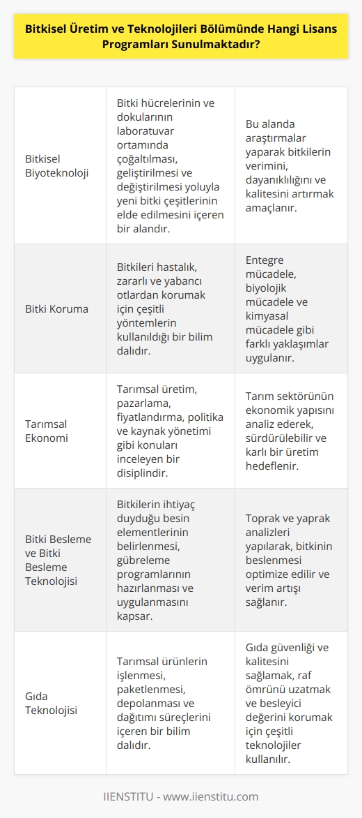 Bitkisel Üretim ve Teknolojileri Bölümünde genellikle şu lisans programları sunulmaktadır: Bitkisel Biyoteknoloji,   , Tarım, Bitki Koruma, Tarımsal Ekonomi, Bitki Besleme ve Bitki Besleme Teknolojisi, Bitkisel Üretim, Tarımsal Yönetim ve İşletmecilik, Su Ürünleri Teknolojisi, Gıda Teknolojisi, Gıda Güvenliği ve Kalite Yönetimi, Bitki Fizyolojisi ve Bitkisel Gıda Teknolojisi, Bitki Biyokimyası ve Fizyolojisi, Bitki Genetiği ve Biyolojisi.