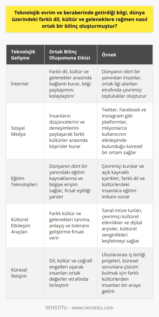 Teknolojik Evrimin Ortak Bilinç Yaratması  Ortak bir bilinç oluşumuna katkıda bulunan teknolojik evrim, bilgi akışını sağlayan iletişim araçları ve sistemleri sayesinde farklı dil, kültür ve gelenekler arasında bağlantı kurmaktadır. İnternet, bilgi paylaşımını kolaylaştırarak dünya üzerindeki insanların birbirleriyle daha hızlı ve etkili şekilde iletişim kurmasını sağlar. Bu sayede, farklı ülkeler ve topluluklar arasındaki mesafeler kısalır ve ortak bir bilinç gelişir.  Sosyal Medyanın Rolü  Sosyal medya platformları, insanların düşüncelerini ve deneyimlerini paylaşarak farklı kültürler arasında köprüler kurmaya yardımcı olur. Twitter, Facebook ve Instagram gibi sosyal medya araçları, dünya çapında milyonlarca kullanıcının buluştuğu ortamlar olarak işlev görür. Bu platformlar üzerinden dil, kültür ve geleneksel engelleri aşarak, dünya üzerindeki farklı insanlar ortak değerler ve anlayışlar etrafında birleşir.  Eğitim ve Bilgi Erişimi  Teknoloji sayesinde insanlar, dünyanın dört bir yanındaki eğitim kaynaklarına ve bilgiye erişebilir hale gelir.   , uzaktan öğrenme olanakları ve açık kaynaklı içerikler, farklı dillerde ve kültürlerde yaşayan insanlar için eşit fırsatlar yaratır. Bu sayede, insanlar dünyanın bir ucunda bulunan bir eğitim kurumundan ders alabilir ve bu bilgiyi kendi kültür ve geleneklerine entegre edebilir.  Kültürel İnteraksiyon ve Farkındalık  Teknolojik evrim, insanların dünya üzerindeki farklı kültür ve geleneklerle tanışmasını ve bu farklılıklara karşı anlayış ve tolerans geliştirmesini sağlar. Kültürel etkinlikler, tarih ve sanat eserleri, müzik ve edebiyat çalışmaları gibi konulara erişim kolaylığıyla, insanlar farklı kültürlerin zenginliklerini öğrenebilir ve ortak bir bilinçle bu değerlere saygı gösterir.  Sonuç olarak, teknolojik evrim ve beraberinde getirdiği bilgi akışı, dünya üzerindeki farklı dil, kültür ve gelenekleri aşarak ortak bir bilinç oluşturmuştur. İletişim araçları, sosyal medya, eğitim ve bilgi erişimi gibi alanlarda sağladığı fırsatlarla, insanlar dünya genelinde birbirleriyle bağlantı kurar ve farklı kültür ve geleneklere saygı çerçevesinde birleşir. Bu durum, küresel anlayışın ve işbirliğinin artmasına katkıda bulunarak, daha açık ve toleranslı bir dünya vizyonu geliştirir.