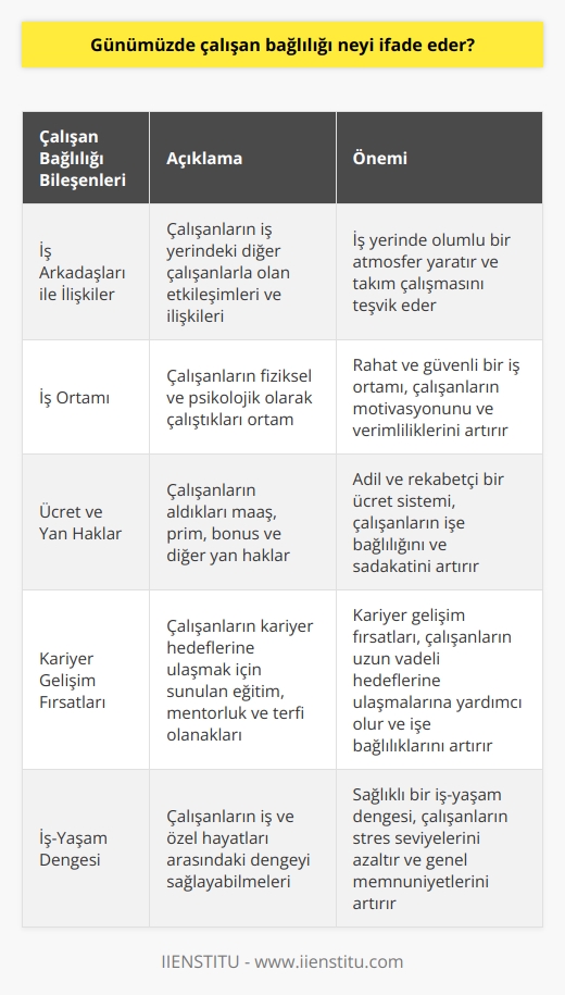 Çalışan bağlılığı, çalışanın iş arkadaşları, iş ortamı ve o iş için aldıkları giydirilmiş ücretten memnuniyetlerini ve olumsuz düşüncelerini ölçerek elde edilen bir veridir.
