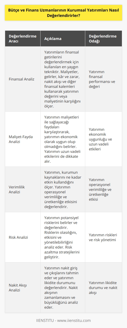 Bütçe ve finans uzmanları, kurumsal yatırımları değerlendirmek için bir dizi araç ve strateji kullanırlar. Bunlar arasında, finansal analiz, maliyet-fayda analizi, verimlilik analizi, risk analizi ve nakit akışı analizi sayılabilir. Finansal analiz, yatırımların finansal getirilerini değerlendirmek için kullanılan en yaygın tekniktir. Finansal analiz, maliyetler, gelirler, kar ve zarar, nakit akışı ve diğer finansal kalemleri kullanarak, yatırımın değerini veya maliyetinin karşılığını ölçer. Diğer stratejiler de, kurumsal yatırımların mevcut ve gelecekteki performansını veya risklerini değerlendirmek için kullanılır.