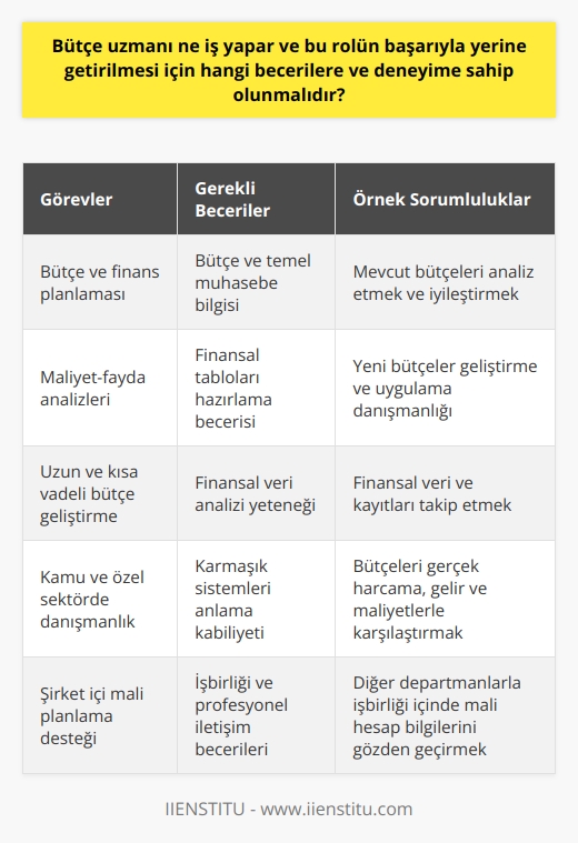 Bütçe Uzmanı ve Gerekli Beceriler  Bütçe Uzmanlarının Görevleri  Bütçe ve finans uzmanları, bir kuruluşun mali durumunun planlanmasına ve sürdürülmesine yardımcı olan profesyonellerdir. Departman bütçelerini gözden geçirir ve maliyet-fayda analizleri gerçekleştirirler. Kuruluşlar için uzun ve kısa vadeli bütçeler geliştiren bu uzmanlar, büyük kuruluşların paralarını nasıl yönetip harcadıklarını belirleyen önemli roller üstlenirler. Hem kamu hem de özel sektörde çalışabilen bütçe ve finans uzmanları, kar amacı gütmeyen kuruluşlar ve hükümetlere danışmanlık sunabilir ya da şirket içinde mali planlamayı destekleyebilirler.  Gerekli Beceriler ve Deneyim  Başarılı bir bütçe ve    olabilmek için, bu alanda kapsamlı bilgi ve deneyime sahip olmak gerekmektedir. Bütçe ve finans uzmanları, bütçelerin ve temel muhasebenin nasıl çalıştığına dair güçlü bir anlayışa sahip olmalıdır. Ayrıca, finansal tabloları manuel olarak hazırlayabilme, finansal verileri analiz edebilme ve karmaşık sistemleri anlayabilme becerilerine sahip olmalıdırlar. İşbirliği içinde çalıştıkları diğer ekip üyeleriyle profesyonel ilişkiler sürdürebilme yeteneği de önemlidir.  Örnek Görevler ve Sorumluluklar  Bütçe ve finans uzmanlarının görevleri, çalıştıkları endüstri ve sektöre göre değişkenlik gösterebilse de, temel sorumlulukları şunlardır:  - Mevcut bütçeleri analiz etmek ve istikrarlı hale getirici değişiklikleri belirlemek - Yeni bütçeler geliştirme ve uygulama konusunda danışmanlık hizmetleri sunmak - Finansal veri ve kayıtları takip etmek - Aylık veya yıllık bütçelerin analiz edilerek gerçek harcamalar, gelirler ve maliyetlerle karşılaştırılması - Diğer departmanlarla işbirliği içinde çalışarak mali hesap bilgilerini gözden geçirmek ve bilinçli kararlar vermek  Sonuç olarak, bütçe ve , kuruluşun mali durumu üzerinde önemli bir etkiye sahip olan bir pozisyondur ve bu role başarıyla uyum sağlayabilen profesyonellerin gerekli bilgi, beceri ve deneyime sahip olduğu göstermektedir.