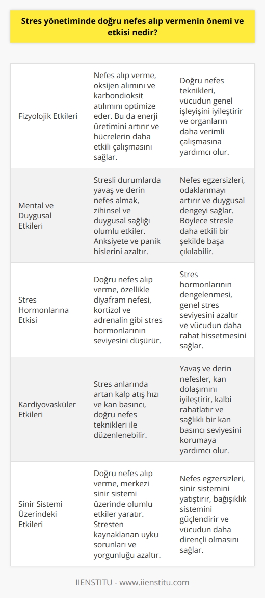Stres Yönetiminde Doğru Nefes Alıp Verme  Doğru nefes alıp vermenin önemi, stres yönetimi ve genel sağlığımız üzerinde büyük bir etkiye sahiptir. Fizyolojik açıdan, doğru nefes teknikleri kullanarak nefes alıp vermek bedenin oksijen alımını ve karbondioksit atılımını optimize eder. Böylece enerji üretimi, hücreler ve organlar için daha etkili olur.  Mental ve Duygusal Etkileri  Stresli bir durumla karşılaştığında, insan bedeni çoğu zaman doğal olarak daha hızlı ve yüzeysel nefes almaya başlar. Bu durum ise mental ve duygusal sağlığımızı olumsuz yönde etkileyebilir. Doğru nefes alıp verme yöntemleri ile bedeni rahatlatabilir, ani panik ve kaygı tepkilerini azaltabiliriz.  Stres Hormonlarının Azaltılması  Doğru nefes alıp verme, özellikle diyafram nefesine odaklanarak stres hormonlarının düşmesine neden olur. Bunun sonucunda kortizol ve adrenal seviyeleri dengelemeye başlar, bu da genel stres ve endişe düzeylerimizi azaltmaya yardımcı olur.  Kan Basıncı ve Kalp Düşündürücü Düzenleme  Stres durumlarında kalp atış hızı ve kan basıncı artar. Doğru nefes alıp verme teknikleri kullanarak bu sorunları azaltabiliriz. Yavaş ve derin nefesler alarak kan akışını ve oksijen alımını artırabilir, böylece kalbi rahatlatabilir ve sağlıklı bir kan basıncı düzeyini koruyabiliriz.  Merkezi Sinir Sistemi Üzerindeki Etkileri  Doğru nefes alıp verme, merkezi sinir sistemi üzerinde de olumlu etkiler yaratır. Stresli durumlarda sinir sistemi genellikle hassaslaşır, bu da uyku problemleri, yorgunluk ve bağışıklık sistemi zayıflamasına yol açar. Doğru nefes alıp verme teknikleri ile bu negatif etkileri hafifletebilir ve bedenin serbestleşmesini sağlayabiliriz.  Sonuç olarak, stres yönetiminde doğru nefes alıp vermenin önemi ve etkisi oldukça büyüktür. Bedenin doğal olarak ürettiği stres hormonlarını azaltarak, merkezi sinir sistemi ve kalp düşündürücü sistemi üzerinde olumlu etkiler yaratır. Bu sayede çeşitli sağlık sorunlarının önüne geçebilir ve zihnimizi daha rahat ve odaklanmış hale getirebiliriz.