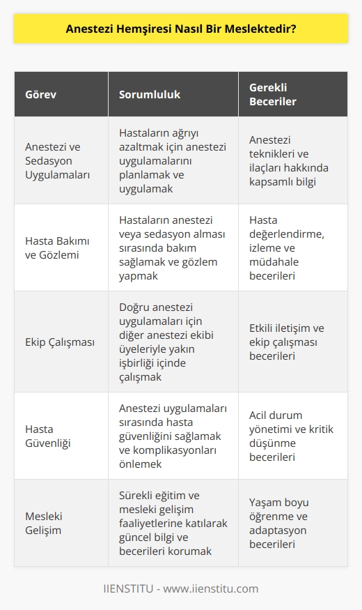 Anestezi hemşiresi, hastalara anestezi ve sedasyon uygulamalarını sağlamakla yükümlü olan bir meslektir. Anestezi hemşireleri, dişçilerin, cerrahların ve diğer tıbbi uygulamaların yanı sıra, hastalarının ağrıyı azaltmak için anestezi uygulamalarını planlamak ve uygulamakla sorumludur. Anestezi hemşireleri, hastanın anestezi alması veya sedasyon alması sırasında bakım sağlamak ve gözlem yapmakla da sorumludur. Ayrıca, hastalara doğru anestezi uygulamalarını sağlamak için diğer anestezi ekibinin üyeleriyle de yakın bir işbirliği içinde çalışırlar.
