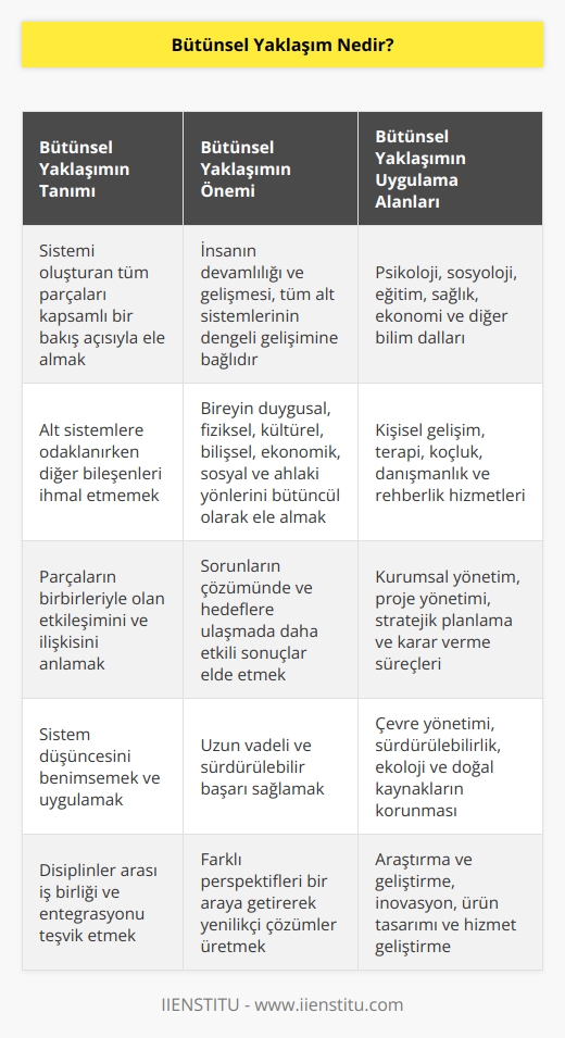 Bütünsel yaklaşım; tek bir alt sisteme odaklanmadan, diğer bileşenleri ihmal etmeden, sistemi onu oluşturan tüm parçalarıyla birlikte olabilecek en kapsayıcı bakışla ele almaktır. Varoluşunu duygusal, fiziksel, kültürel, bilişsel, ekonomik, sosyal ve ahlaki bileşenlerle devam ettiren insanın devamlılığı ve gelişmesi tüm alt sistemlerinin aynı ivme ile gelişmesine bağlıdır. Bütünsel, bütüncül ya da holistik yaklaşım olarak anılan yaklaşımın ana noktası budur. 