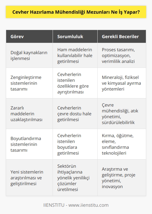 Cevher hazırlama mühendisleri, üretilen doğal kaynakların farklı alanlarda kullanılacak şekle gelmesini ve ham madde olarak kullanılabilir olmasını sağlamaktan görevli kişilerdir. Sistemlerin zenginleştirmesinden zararlı maddelerden arındırmasına boyutlandırma gibi sistemlerin tasarlanmasından, bakım ve onarımından pek çok işten sorumludur. Aynı zamandan yeni sistemleri araştırmak ve oluşmasını sağlamakta görevleri arasındadır.
