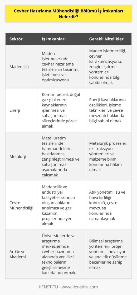 Cevher hazırlama mühendisleri, bulundukları alanda mezun sayısının az olmasının da sağladığı kolaylık ve mezunlara olan ihtiyaç sebebiyle geniş bir yelpazede iş imkânına sahiptir. Cevher hazırlama mühendisleri, madenler ve enerji kaynakları üzerine çalışmalarını devam ettiren çok sayıda kurumda yer alabilir. Özel ve kamu sektöründe birçok endüstride kariyerlerini devam ettirebilirler.