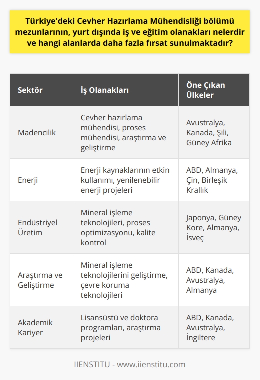 Türkiyedeki Cevher Hazırlama Mühendisliği bölümü mezunlarının yurt dışındaki iş ve eğitim olanakları konusunda geniş bir perspektif sunmaktadır. İlk olarak, bu alanda uzmanlaşmış mühendisler, yurtdışında iş bulma imkanlarını genişletebilirler. Özellikle mineral kaynaklarına sahip ülkeler, cevher hazırlama mühendislerine önemli fırsatlar sunmaktadır. Bunlar genellikle madencilik, enerji ve endüstriyel üretim gibi sektörler olup bu mezunlar, yurt dışında rekabetçi maaşlar ve kariyer gelişimi için önemli fırsatlara sahip olabilirler.  Eğitim anlamında ise, Türkiyedeki Cevher Hazırlama Mühendisliği bölümü mezunları, yurt dışında sayısız eğitim programlarına ve burslara başvurabilirler. Özellikle ABD, Kanada ve Avustralya gibi mineral kaynaklarının zengin olduğu ülkelerde bu alandaki lisansüstü ve doktora programları, Türkiyeden gelen öğrenciler için kapıları açık tutmaktadır.  Son olarak, bu mezunlar genellikle araştırma ve geliştirme pozisyonlarında da bulunabilirler. Özellikle mineral işleme teknolojilerini geliştirme, çevre koruma teknolojilerini uygulama ve enerji kaynaklarının etkin kullanımı gibi konularda uluslararası araştırma projeleri fırsatları sunulmaktadır. Bu, bölüm mezunlarının yurt dışında akademik kariyer yapmalarına ve bilgi ve becerilerini genişletmelerine olanak sağlamaktadır.  Sonuç olarak, Türkiyedeki Cevher Hazırlama Mühendisliği bölümü mezunları, yurt dışında çeşitli sektörlerde iş ve eğitim olanaklarına sahip olabilirler. Bu fırsatlar, mezunların kariyer gelişimine katkıda bulunabilir ve kendilerini küresel bir çevrede geliştirmelerini sağlayabilir. Ancak, bu fırsatlardan yararlanabilmek için İngilizce dil becerilerinin geliştirilmesi ve küresel pazardaki trendlerin yakından takip edilmesi gerekmektedir.