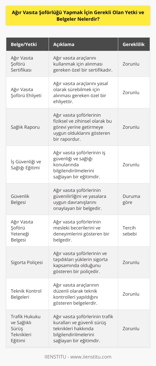 1. Ağır Vasıta Şoförü Sertifikası 2. Ağır Vasıta Şoförü Ehliyeti 3. Sağlık Raporu 4. İş Güvenliği ve Sağlığı Eğitimi 5. Güvenlik Belgesi 6. Ağır Vasıta Şoförü Yeteneği Belgesi 7. Sigorta Poliçesi 8. Teknik Kontrol Belgeleri 9. Trafik Hukuku ve Sağlıklı Sürüş Teknikleri Eğitimi