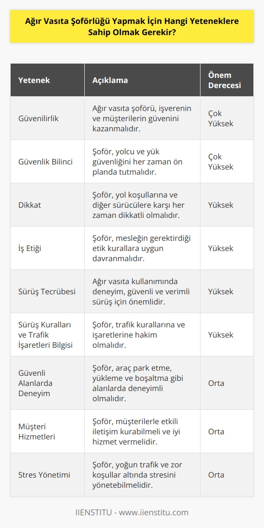 Ağır Vasıta Şoförlüğü yapmak için; -Güvenilir -Güvenlik bilincine sahip -Dikkatli -İş etiğine sahip -Sürüş tecrübesi -Sürüş kurallarını ve trafik işaretlerini bilmek -Güvenli alanlarda deneyim -Müşterilere iyi hizmet vermek -Stres yönetimi gibi yeteneklere sahip olmak gerekir.