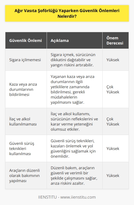 1. Sigara içilmemesi,  2. Yaşanan kaza veya arıza durumlarının gerekli yerlere bildirilmesi, 3. İlaç ve alkol kullanılmaması, 4. Güvenli sürüş teknikleri kullanılması, 5. Güvenli mesafelerin korunması, 6. Hız sınırlarına uyulması, 7. Nöbetlerin tutulması, 8. Gerektiğinde kalkış öncesi kontrollerin yapılması, 9. Araçların düzenli olarak bakımının yapılması, 10. Yol güvenliği kurallarının gözetilmesi.