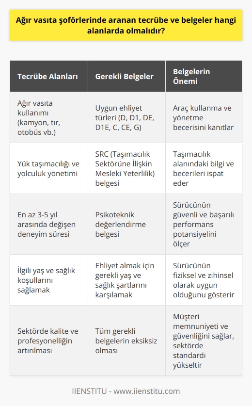 Ağır Vasıta Şoförlerinde Aranan Tecrübe  Ağır vasıta şoförleri, özellikle kendi alanında uzmanlaşmış ve deneyimli kişiler olmalıdır. Öncelikle şoförlerin, araç kullanma ve yönetme becerisine sahip olduklarını gösteren bir tecrübe sahibi olmaları beklenir. Bu tecrübe, en az 3-5 yıl arasında değişen bir süre zarfında, ağır vasıta kullanımı (örneğin kamyon, tır, otobüs gibi) ve bununla ilişkili alanlarda (yük taşıma, yolculuk yönetimi vb.) edinilmiş olmalıdır.  Ehliyet Türleri ve Belgeler  Ağır vasıta şoförlerinde aranan belgelerin başında, uygun ehliyet türlerine sahip olmaları gelir. Türkiyede ağır vasıta kullanmak için gerekli olan ehliyetler; D sınıfı (otobüs için), D1 (minibüs için), DE (otobüs + römork için), D1E (minibüs + römork için), C sınıfı (kamyon için), CE (kamyon + römork için) ve G sınıfı (trak-tör ve iş makinesi için) ehliyetleridir. Ayrıca, bu ehliyetlere sahip olabilmek için gerekli yaş ve sağlık koşullarının da sağlanmış olması gerekmektedir.  SRC ve Psikoteknik Belgeleri  Ağır vasıta şoförleri, özellikle yük taşımacılığı veya yolcu taşımacılığı gibi alanlarda kendilerinden beklenen hizmet kalitesini ve güvenliği sağlamak için, ilgili mevzuata göre belirli belgelere sahip olmak zorundadır. Bu belgelerden biri SRC (taşımacılık sektörüne ilişkin mesleki yeterlilik belgesidir.) belgesidir. SRC belgesi için düzenlenen eğitim programlarını tamamlayarak bu belgeyi alabilen şoförler, taşımacılık alanındaki bilgilerini ve becerilerini ispatlamış olurlar. İkinci önemli belge ise psikoteknik belgesidir. Psikoteknik değerlendirme ile ağır vasıta şoförü adaylarının, araç kullanımı sırasında başarılı ve güvenli bir performans sergileme potansiyelleri ölçülür ve değerlendirilir.  Sonuç olarak, ağır vasıta şoförlerinde aranan tecrübe ve belgeler, araç kullanma ve yönetme becerisine, uygun ehliyetlere, taşımacılık alanında yeterli bilgi ve becerilere, güvenilir ve başarılı bir performans sergileme potansiyeline sahip olmalarını garanti eder. Bu sayede hem müşteri memnuniyeti ve güvenliği sağlanabilir, hem de sektörde kalite ve profesyonellik artırılabilir.