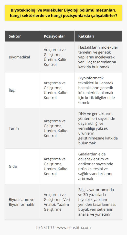 Biyoteknoloji ve Moleküler Biyoloji Mezunlarının Kariyer Fırsatları  Biyoteknoloji ve Moleküler Biyoloji bölümü mezunları, özellikle biyomedikal, ilaç, tarım ve gıda sektörlerinde geniş kariyer olanaklarına sahiptir. Bu sektörlerde, araştırma ve geliştirme, üretim, kalite kontrol ve    gibi çeşitli pozisyonlarda çalışabilirler.  Hastalıklarla Mücadelede Biyoteknoloji ve Moleküler Biyoloji  Biyoteknoloji ve Moleküler Biyoloji bölümü mezunları, hastalıkların moleküler temelini ve genetik yapılarını inceleyerek hastalıklara çare olabilecek yeni ilaç tasarımlarına katkıda bulunabilirler. Ayrıca, bu alanda çalışan bilim insanları, biyoinformatik teknikleri kullanarak elde edilen verileri analiz ederek, hastalıkların genetik kökenlerini anlamak için kritik öneme sahip bilgiler elde edebilirler.  Gıda ve Tarım Sektörlerinde Çalışan Biyoteknoloji ve Moleküler Biyoloji Mezunları  Biyoteknoloji ve Moleküler Biyoloji mezunları, gıda ve tarım sektörlerinde de önemli roller üstlenebilirler. Bu sektörlerde görev alan bireyler, DNA ve gen aktarımı yöntemleri sayesinde dayanıklılığı ve verimliliği yüksek ürünlerin geliştirilmesine katkıda bulunabilirler. Ayrıca, bu bilim dalları sayesinde gıdalardan elde edilecek enzim ve antikorlar, ürün kalitesini ve sağlık standartlarını artıracaktır.  Biyoteşarım ve Biyoinformatik: Çağın Yenilikçi Sektörleri  Biyoteknoloji ve Moleküler Biyoloji mezunları, biyoteşarım ve biyoinformatik gibi yeni ve önemli alanlarda da çalışabilirler. Biyoteşarım, bilgisayar ortamında ve 3D yazıcılarla biyolojik yapıların yeniden tasarlanması ve üretilmesiyle ilgilidir. Biyoinformatik ise, biyoteknoloji ve moleküler biyoloji alanlarındaki büyük veri setlerinin analizi ve yönetimi ile ilgili bir disiplindir.  Sonuç olarak, Biyoteknoloji ve Moleküler Biyoloji bölümü mezunları, hastalıklara çare bulmaktan gıda ve tarım sektörlerine kadar geniş bir yelpazede kariyer olanaklarına sahip bilim insanlarıdır. Ülkemizin kalkınma alanında öncelikli yer alan bu bölüm, geleceğe yönelik olarak biyoteknoloji, nanoteknoloji ve moleküler biyoloji alanlarındaki araştırma ve geliştirme çalışmalarına katkı sağlayabilecek kalitede elemanlar yetiştirilmesine yönelik amaçlara hizmet etmektedir.