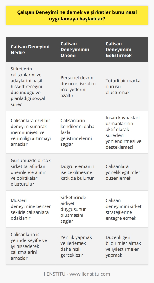 Çalışan Deneyimi Kavramı ve Şirketlerin Uygulamaya Başlaması  İnsan Kaynakları departmanının önemli bir parçası olan çalışan deneyimi, şirketlerin çalışanlarını ve adaylarını nasıl hissettireceğini düşündüğü ve planladığı bir sosyal süreçtir. Bu süreç sayesinde şirketler, müşteri deneyimine benzer şekilde çalışanlarına özel bir deneyim sunarak onların memnuniyetini ve verimliliğini artırmayı amaçlar. Günümüzde birçok şirket, çalışanların iş yerinde keyifle ve iyi hissederek çalışmasını sağlayacak çalışan deneyimini önemle ele almakta ve bu doğrultuda politikalar oluşturmaktadır.  Çalışan Deneyiminin Firmalara Kazandırdıkları  Çalışan deneyimi uygulamaları, sadece işverenler için değil, aynı zamanda çalışanlar için de önemlidir. İyi bir çalışan deneyimi, şirketlerin personel devrini düşürerek işe alım maliyetlerini azaltır, çalışanların kendilerini daha fazla geliştirmelerini sağlar ve doğru elemanın işe çekilmesine katkıda bulunur. Aynı zamanda, şirket içinde aidiyet duygusunun oluşması sayesinde çalışanlarla yenilik yapmak ve ilerlemek daha hızlı gerçekleşir.  Tutarlı Çalışan Deneyimi ve Marka Duruşunun Önemi  Şirketlerin dışarıya yansıttığı marka duruşu, çalışan deneyimi ile de tutarlı olmalıdır. Müşteriye verilen sıcak ve güvenli izlenim, şirket içinde de aynı şekilde hissedilmelidir. Aksi takdirde, bu tutarsızlık hem marka değerini düşürebilir hem de personel değişim devrini artırabilir. Çalışanlar, hem şirket içindeki deneyimlerinden hem de şirketlerinin dışarıdan algılanışından etkilenirler ve bu nedenle şirket yönetimlerinin tutarlı öncelikleri olması gerekmektedir.  İnsan Kaynakları ve Çalışan Deneyimi İlişkisi  İnsan kaynakları disiplininde çalışan deneyiminin önemi giderek artmaktadır, çünkü bu disiplin tüm kavramların birbirleriyle iletişim içinde olduğuna inanır. Çalışan deneyimi, şirketin tutarlılığını gösterirken aynı zamanda çalışan memnuniyetinin de yaratılmasını sağlar. Bu nedenle, insan kaynakları uzmanlarının, çalışan deneyimi konusunda sadece bilgi sahibi olmaları değil, aynı zamanda bu süreçleri şirket içinde aktif olarak yönlendirmeleri ve desteklemeleri gerekmektedir.  Eğitimlerle Çalışan Deneyiminin Artırılması  Şirketler ve insan kaynakları profesyonelleri, çalışanlarının deneyimlerine artı bir değer katmak ve verimliliklerini artırmak amacıyla Enstitüde yer alan eğitimlere katılabilirler. Bu eğitimlerde alanında uzmanlardan alınan bilgiler, daha iyi bir çalışan deneyimi oluşturulmasına ve şirkette doğru konumlandırmanın teyit edilmesine yardımcı olmaktadır.  Sonuç olarak, çalışan deneyimi, günümüzün iş dünyasında giderek daha fazla önem taşımaktadır. İyi tasarlanmış ve uygulanmış bir çalışan deneyimi, hem şirketlerin başarılarına hem de çalışanlarının memnuniyetine katkı sağlamaktadır.