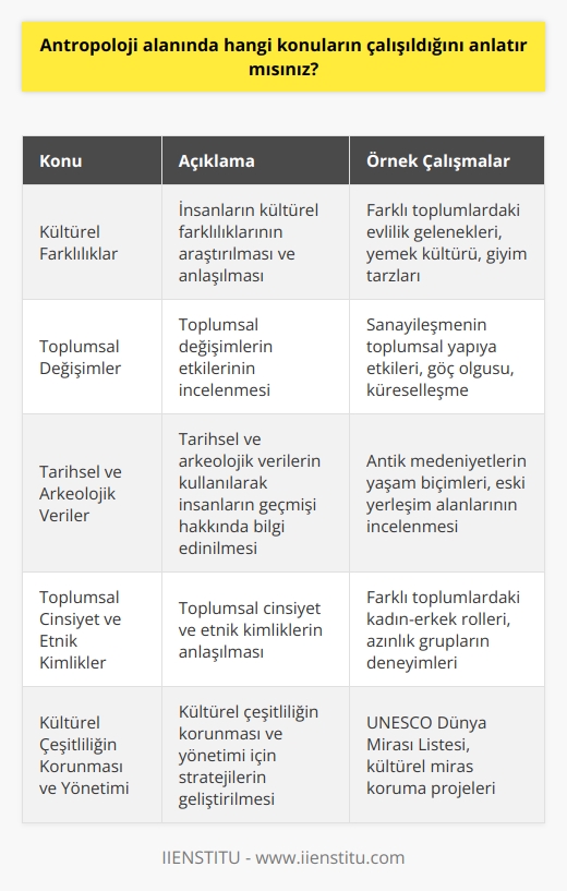 Antropoloji alanında, insanların kültürlerinin, kurumsal yapılarının, topluluklarının ve pratiklerinin anlaşılmasının önemi vurgulanmaktadır. Bu alanda çalışmaların konuları arasında, insanların kültürel farklılıklarının araştırılması ve anlaşılması, toplumsal değişimlerin etkilerinin incelenmesi, tarihsel ve arkeolojik verilerin kullanılarak insanların geçmişi hakkında bilgi edinilmesi, toplumsal cinsiyet ve etnik kimliklerin anlaşılması, kültürel çeşitliliğin korunması ve yönetimi, kültürel performansın ve üretiminin incelenmesi, medya ve teknoloji ile toplumsal süreçlerin anlaşılması, insanların karşılaştıkları çevresel sorunların ve bunların çözümlerinin araştırılması ve insanların sağlık ve yaşam koşulları hakkında bilgi edinilmesi gibi konularda çalışılmaktadır.