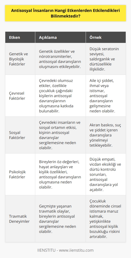 Antisosyal insanların etkilendikleri etkenler arasında şunlar sayılabilir:  1. Genetik ve biyolojik faktörler: Genetik ve biyolojik faktörler, antisosyal davranışların nedenleri arasında en önemli etkenlerden biridir. Bireylerin genetik özellikleri ve nörotransmiterleri, antisosyal davranışların oluşmasını etkileyebilir.  2. Çevresel faktörler: Çevresel faktörler, antisosyal davranışların oluşmasının önemli bir etkenidir. Çevredeki olumsuz etkiler, özellikle çocukluk çağındaki kişilerin antisosyal davranışlarının oluşmasına katkıda bulunabilir.  3. Sosyal faktörler: Sosyal faktörler, antisosyal davranışların oluşmasının önemli bir etkenidir. Çevredeki insanların ve sosyal ortamın etkisi, kişinin antisosyal davranışlar sergilemesine neden olabilir.  4. Psikolojik faktörler: Psikolojik faktörler, antisosyal davranışların oluşmasının önemli bir etkenidir. Bireylerin öz-değerleri, hayat anlayışları ve kişilik özellikleri, antisosyal davranışların oluşmasına neden olabilir.