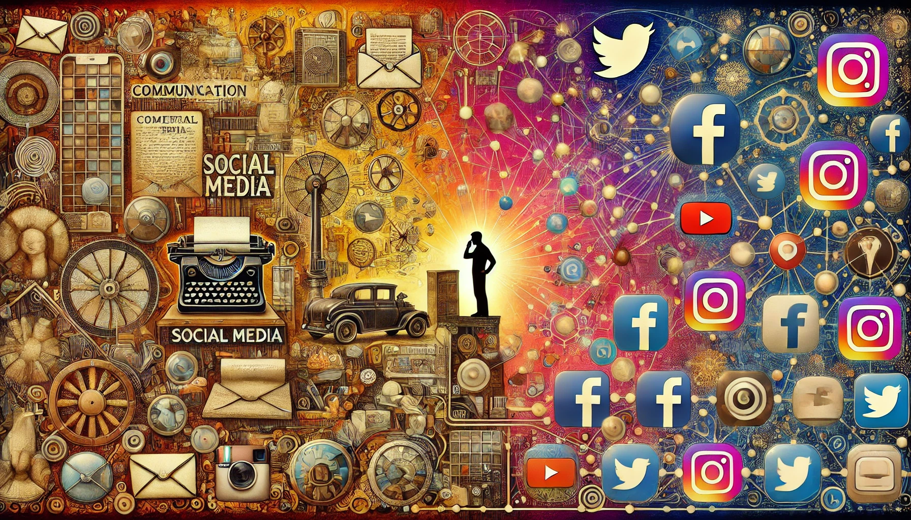 Görsel, eski iletişim araçlarından (mektuplar, telgraflar) modern sosyal medya platformlarına (Facebook, Instagram, Twitter) geçişi gösteriyor. İletişim şekillerinin yıllar içerisindeki değişimini ve dijital dünyanın küresel etkisini simgeliyor.