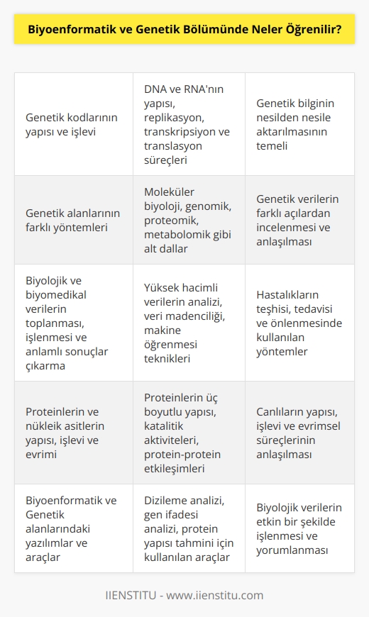 Biyoenformatik ve Genetik Bölümünde öğrenciler şunları öğrenebilirler:  1. Genetik kodlarının yapısı ve işlevi 2. Genetik alanlarının farklı yöntemleri 3. Genetik verilerinin toplanması, işlenmesi ve analizi 4. Genetik veri tabanlarının kurulması ve kullanılması 5. Biyolojik ve biyomedikal verilerin toplanması, işlenmesi ve anlamlı sonuçlar çıkarma 6. Proteinlerin ve nükleik asitlerin yapısı, işlevi ve evrimi 7. Genetik bilgi sayılamalarının yapılması 8. Biyoenformatik ve Genetik alanlarındaki yazılımlar ve araçlar 9. Biyoenformatik ve Genetik alanlarında kullanılan veri yapıları ve algoritmalar 10. Biyomatik ve Genetik verilerinin kullanımı ve teknolojileri
