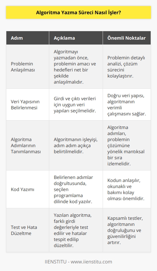 yazma süreci, bir problemin çözümünü bulmak için bir dizi adımla gerçekleştirilen bir süreçtir. Her , öncelikle bir amaç veya    için iyi bir anlayışa sahip olmalıdır. Bunun ardından, algoritma girdi verileri ve çıktı verileri için bir tür veri yapısını kullanmak ve algoritmanın gerçekleşeceği adımları tanımlamak için gerekli olan her şeyi belirlemek için kod geliştirme sürecine geçilmelidir. Algoritma, girdi verileri ile çıktı verileri arasındaki ilişkiyi tanımlamak için kodu yazmak için kullanılır. Son olarak, algoritma test edilir ve hatalar düzeltilir.