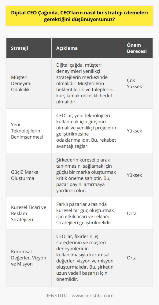 CEOlar, bugünün dijital çağında, özellikle de küresel ölçekte çalışan bir şirket yönetiyorsa, yenilikçi stratejilerinin merkezinde müşteri deneyimleri olmalıdır. Bu stratejiler, müşterilerin beklentilerini karşılamaya ve onların taleplerini karşılamaya odaklanmalıdır. CEOlar ayrıca yeni teknolojileri kullanmak için girişimci olmalı ve yenilikçi projelerin geliştirilmesine odaklanmalıdır. Bunun yanı sıra, CEOların şirketlerinin küresel olarak tanınmasını sağlamak için güçlü bir marka oluşturmaları da çok önemlidir. Farklı pazarlar arasında küresel bir güç oluşturmak için ticari ve reklam stratejileri de önemlidir. CEOlar, ayrıca, kurumsal değerler, vizyon ve misyonlar ve stratejiler oluşturmak için fikirlerin, işletme süreçlerinin ve müşteri deneyimlerinin kullanılmasını sağlamalıdır.