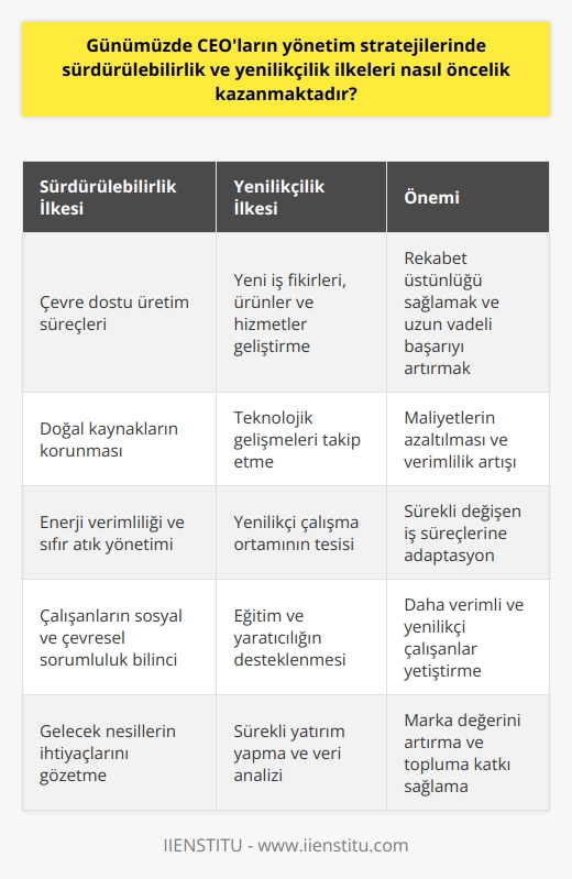 Sürdürülebilirlik ve Yenilikçilik İlkeleri  Günümüzde CEOların yönetim stratejilerinde sürdürülebilirlik ve yenilikçilik ilkeleri, şirketlerin sürekli değişen iş dünyasında rekabet üstünlüğü sağlamaya ihtiyaç duyması sebebiyle öncelik kazanmaktadır. Bu bağlamda öncelikli olarak sürdürülebilirliği; şirketin ekonomik, çevresel ve sosyal etkilerini dikkate alarak, gelecek nesillerin ihtiyaçlarını gözeterek kararlar almak olarak tanımlayabiliriz.   Çevre Dostu Üretim  CEOlar, sürdürülebilirliği sağlamak amacıyla üretim süreçlerini çevre dostu hale getirmeli ve bu sayede doğal kaynakları korumayı sağlamalıdırlar. Ayrıca enerji verimliliği, sıfır atık yönetimi ve kırsal alanların sürdürülebilirliği gibi konular ağırlık kazanmaktadır. Şirketlerin bu konudaki yatırımları, başta enerji sarfiyatı olmak üzere maliyetlerin azaltılmasına ve dolayısıyla daha uzun vadeli başarıya katkıda bulunur.  Yenilikçilik Stratejiye Entegrasyonu  Yenilikçilik ise, şirketin sürekli aldığı verileri ve teknolojik gelişmeleri takip ederek yeni iş fikirleri, ürünler ve hizmetler geliştirmeyi hedeflemesi olarak tanımlanır. Günümüzün hızlı değişimine ayak uydurarak, şirketlerin sürekli yenilikçi olmaları ve gelecekteki başarıları için gereklidir. CEOlar, bu sürece sürekli yatırım yaparak ve yenilikçi bir çalışma ortamını tesis ederek şirketlerin rekabet avantajını sağlayabilirler.  Çalışanlar ve İş Ortamı  Sürdürülebilirlik ve yenilikçilik, şirketin çalışanlarının ve iş ortamının da sürekli gelişimine odaklanmalıdır. İyi bir lider olarak CEOlar, eğitim ve yaratıcı   yi destekleyerek daha verimli ve yenilikçi çalışanlar yetiştirmelidirler. Aynı zamanda, çalışanların sosyal ve çevresel sorumluluk bilincini artırarak sürdürülebilirlik ilkelerine bağlı kalmalarını sağlamalıdırlar.  Sonuç olarak, günümüzde CEOların yönetim stratejilerinde sürdürülebilirlik ve yenilikçilik ilkelerine öncelik verilmesi, şirketlerin rekabet güçlü bir pozisyonda kalması ve    ile marka değerini artırmaları için kaçınılmazdır. Bu nedenle, gerek sürdürülebilirlik girişimlerine ve gerekse yenilikçi uygulama ve projelere yatırım yaparak, şirketlerin sürekli değişen iş süreçlerine adapte olmaları ve başarılı olabilmesi sağlanabilir.