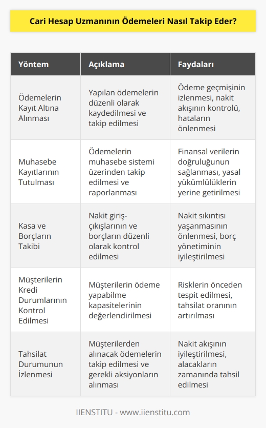 Cari Hesap Uzmanı, ödemeleri takip etmek için kullanılabilecek birkaç yöntem vardır. Bunlar arasında, ödemelerin kayıt altına alınması, muhasebe kayıtlarının tutulması, kasa ve borçların takibi, müşterilerin kredi durumlarının kontrol edilmesi gibi işlemler sayılabilir. Ayrıca, ödemelerin zamanında yapılmasını sağlamak için müşterilerin fatura kesiminden ödeme yapmalarının istenmesi, müşteri ve tedarikçi bilgilerinin güncel tutulması, tahsilat durumunun izlenmesi gibi çalışmalar da bu işlemler arasındadır.