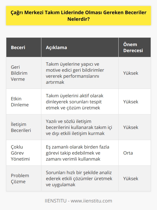 Takım liderleri üst yöneticiler ile müşteri temsilcileri arasında duran ve yönetimin vermiş olduğu görev ve hedefleri ekiplerine doğru ve uygulayıcı şekilde aktaran kişilerdir. Bu nedenle    yüksek olan özel seçilmiş kişilerdir. Farklı olarak bir takım liderinde olması gereken diğer beceriler; geri bildirim verme becerisi, etkin dinleme yetisi, iyi derecede yazılı ve    becerisi, eş zamanlı birden fazla işi takip edebilme ve zamanı doğru yönetebilme becerisi,    ve yorumlama becerisi, problem çözme ve hızlı aksiyon alma kabiliyeti gibi daha çok aktif olarak kullanabileceği becerilere sahip olması gerekmektedir.