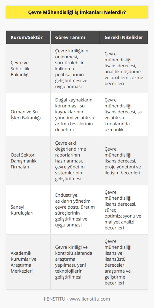 Çevre ve şehircilik, orman köy işleri bakanlığı gibi çeşitli bakanlıklarda çevre kirliliğinin önlenmesi çalışmaları yapan bir alandır.