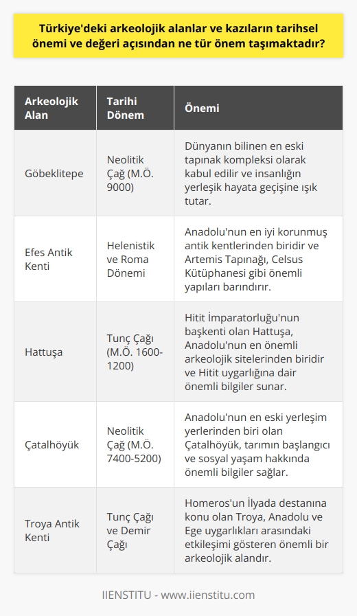 Türkiyedeki arkeolojik alanlar ve kazıların tarihsel önemi ve değeri, kültürel mirasın korunması ve prestijli bir bilgi bankasının oluşturulmasında önemlidir. Bu alanlar, insanlık tarihinin en değerli ve kritik bilgilerinin keşfedilmesi, analiz edilmesi ve araştırılmasını sağlarlar. Tarih öncesi ve eski çağların maddi kalıntıları, eski toplumların yaşam tarzlarını ve etkileşimlerini belirlemek açısından belirleyicidir.   Ayrıca, bu alanlar bize oldukça geniş bir coğrafi ve   k yelpazede değişen kültürel ve tarihi bağlamlar sunarlar. Bu, daha derin ve daha kapsamlı bir tarihi anlayış oluşturulmasına olanak sağlar. Dahası, bu kazılar, kültürel çeşitlilik ve tarihi zenginlik açısından Türkiyenin değerini artırmaktadır.   Arkeolojik kazılar, aynı zamanda, modern toplumların geçmiş hakkındaki bilgisini genişletmekte ve dünya tarihini daha iyi anlamalarını sağlamaktadır. Bu nedenle, Türkiyedeki arkeolojik çalışmalar, hem ulusal hem de uluslararası düzeyde büyük bir önem taşımaktadır.  Son olarak, bu kazılar sadece tarihi değil, aynı zamanda bilimsel bilgiyi de genişletmektedir. Türkiyedeki arkeolojik çalışmalar aracılığıyla, farklı disiplinlerarası bilgi ve yöntemlerin uygulanması sayesinde, tarihi olaylar ve süreçler hakkında kapsamlı bir bilgi bankası oluşturulmuştur. Bu sayede, bu arkeolojik alanlar ve kazılar, hem tarihsel, hem bilimsel bir değer taşımaktadırlar.