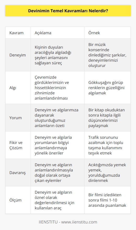 1. Deneyim ve algı: Deneyim, kişinin algıladığı şeyleri anlamasına yardımcı olan duyularının çalışmasıdır. Algı, çevrede gördüklerimizin ve hissettiklerimizin anlamlandırılmasıdır.  2. Yorum: Yorum, bireyin deneyimlerine ve algılarına dayalı olarak oluşturduğu anlamların bir özetidir.  3. Fikir ve   : Fikir ve , deneyim ve algılarla yorumlanan bilgiyi anlamlandırmaya yönelik çözümler sunar.  4. Davranış: Davranış, deneyim ve algıların anlamlandırılmasıyla doğal olarak ortaya çıkan eylemlerdir.  5. Ölçüm: Ölçüm, deneyim ve algıların öznel olarak ölçülmesi için kullanılan bir araçtır.