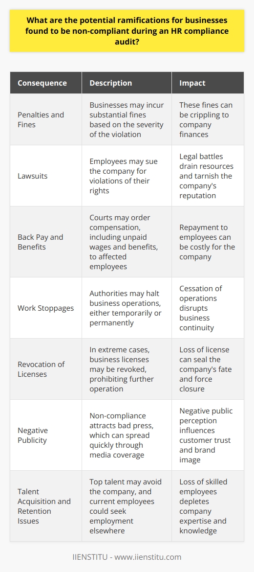 Consequences of Non-Compliance in HR Audits During HR compliance audits, companies face scrutiny. Auditors check for adherence to laws and regulations. They focus on employment, labor, and immigration rules. Non-compliance can lead to severe outcomes. Legal and Financial Repercussions Penalties and Fines:  Businesses may incur hefty fines. These vary by violation severity. They can be substantial, crippling company finances. Lawsuits:  Employees may sue for rights violations. Such legal battles drain resources. They also tarnish the companys reputation. Back Pay and Benefits:  Courts may order compensation. This repayment to affected employees is costly. It includes unpaid wages and benefits. Operational Impacts Work stoppages:  Authorities may halt operations. This cessation can be temporary or permanent. It disrupts business continuity. Increased Scrutiny:  Authorities may impose monitoring. This oversight ensures future compliance. It involves regular check-ins and reports. Revocation of Licenses:  In extreme cases, licenses may be revoked. This prohibits business operation. It can seal the companys fate. Reputation and Brand Image Negative Publicity:  Non-compliance attracts bad press. Media coverage can spread quickly. It influences public perception negatively. Customer Distrust:  Customers may lose faith in the brand. This loss creates a decline in sales. It also affects customer loyalty. Talent Acquisition and Retention Issues:  Top talent may avoid the company. Current employees could seek employment elsewhere. This shift depletes company skill and knowledge. Strategies to Avoid Non-Compliance Training and Education:  Companies should invest in compliance programs. Training improves staff awareness. Education reduces the risk of infractions. Regular Audits:  Conduct internal audits regularly. This action helps identify potential issues. It allows for prompt correction. Compliance Officers:  Appoint compliance professionals. They ensure adherence to legal standards. They serve as a safeguard against violations. In conclusion, businesses should prioritize compliance. The ramifications of non-compliance are severe. They span from legal action to brand damage. Mitigation involves proactive measures. These include training, regular audits, and dedicated personnel. Adherence to guidelines preserves company integrity and longevity.