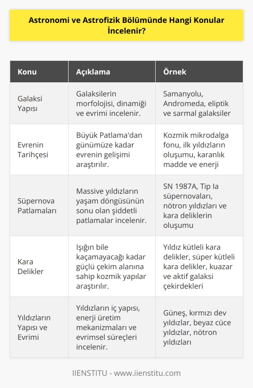 Astrofizik ve astronomi bölümünde incelenen konular arasında galaksi yapısı, evrenin tarihçesi, süpernova patlamaları, kara delikler, kozmolojik bilgiler, yıldızların evrimi, yıldızların yapısı, gezegenler, komşu galaksiler ve    bulunur.