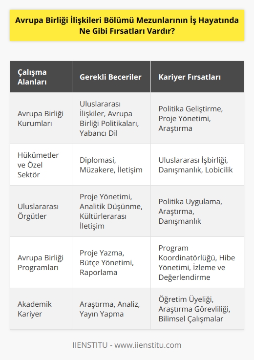 Avrupa Birliği İlişkileri Bölümü mezunları, Avrupa Birliğinin belirli kurumlarında, kuruluşlarında, özel sektörde veya hükümetlerde çalışma fırsatlarına sahiptir. Avrupa Birliğinde çalışabilmek için mezunlar, hükümetler ve kurumlar arasında bağlantılar kurabilir, uluslararası ilişkiler konularında deneyim kazanabilir ve Avrupa Birliği politikalarının uygulanmasına ve geliştirilmesine katkıda bulunabilir. Mezunlar ayrıca, Avrupa Birliğinin kurumlarında çalışmaya başlamadan önce Avrupa Birliği programlarının ve politikalarının bir parçası olarak çalışma fırsatı elde edebilir. Avrupa Birliğide çalışanlar, geniş kapsamlı bir çalışma ortamına sahiptir. Mezunlar ayrıca, uluslararası örgütlerde çalışma fırsatlarını değerlendirebilir ve uluslararası politika, ekonomi, sosyal veya kültürel konularda hizmet verebilir.