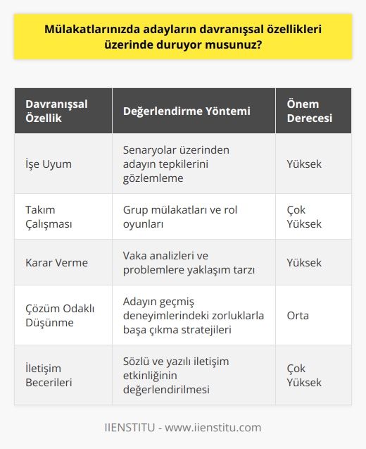 Evet, mülakatlarımızda adayların davranışsal özellikleri üzerinde duruyoruz. Mülakat sürecinde, adayların işe uyum, takım çalışması, karar verme, çözüm odaklı düşünme ve iletişim becerileri gibi davranışsal özelliklerini değerlendirmek için çeşitli sorgulama teknikleri kullanıyoruz.