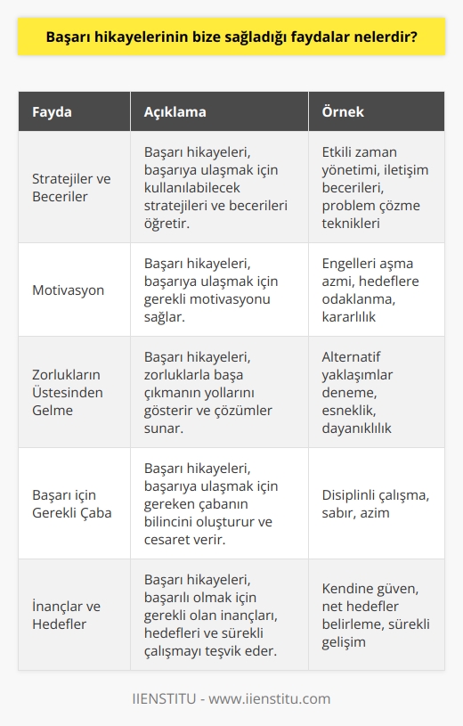 Başarı hikayeleri, başarıya ulaşmak için kullanılabilecek stratejileri, becerileri ve motivasyonu öğretir. Ayrıca, başarılı olmak için gerekli süreçleri ve kararları anlamamıza yardımcı olur. Başarı hikayeleri aynı zamanda zorluklarla başa çıkmanın yollarını gösterir veya bize çözümler sunar. Başarı hikayeleri, diğer insanların başarıya ulaşmak için gösterdikleri çabaların bilincini oluşturur. Böylece, başarıya ulaşmak için gereken çabayı gösterme cesaretini kazanırız. Başarı hikayeleri, aynı zamanda başarılı olmak için gerekli olan inançları, hedefleri, motivasyonu ve sürekli çalışmayı teşvik eder.