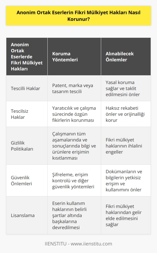 Fikri mülkiyet hakları anonim ortak eserler için tescilli veya tescilsiz olarak korunabilir. Tescilli haklar, anonim ortak eserler için tescilli bir patent, marka veya tasarım alınarak edinilir. Tescilsiz haklar ise, yaratıcılık ve çalışma sürecinde özgün fikirlerin korunması amacıyla kullanılır. Fikri mülkiyet haklarını korumak için, anonim ortaklar, çalışmanın tüm aşamalarında ve sonuçlarında herhangi bir çalışma ile ilgili bilgilere veya ürünlere erişimin kısıtlandığı gizlilik politikaları uygulayabilirler. Ayrıca, ortaklar, dokümanları ve bilgileri koruma amacıyla    veya başka güvenlik önlemleri uygulayabilirler.