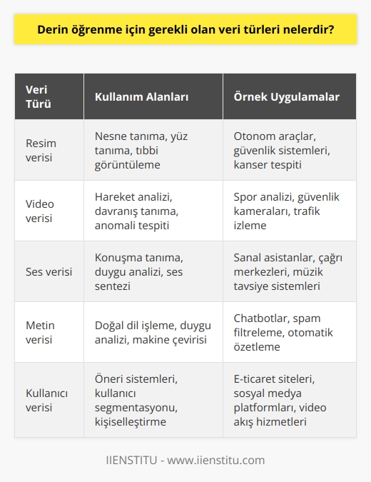 Derin öğrenme için gerekli olan veri türleri şunlardır:  1. Resim verisi 2. Video verisi 3. Ses verisi 4. Metin verisi 5. İstatistiksel veri 6. Coğrafi veri 7. Kullanıcı verisi 8. Finansal veri 9. Sağlık verisi
