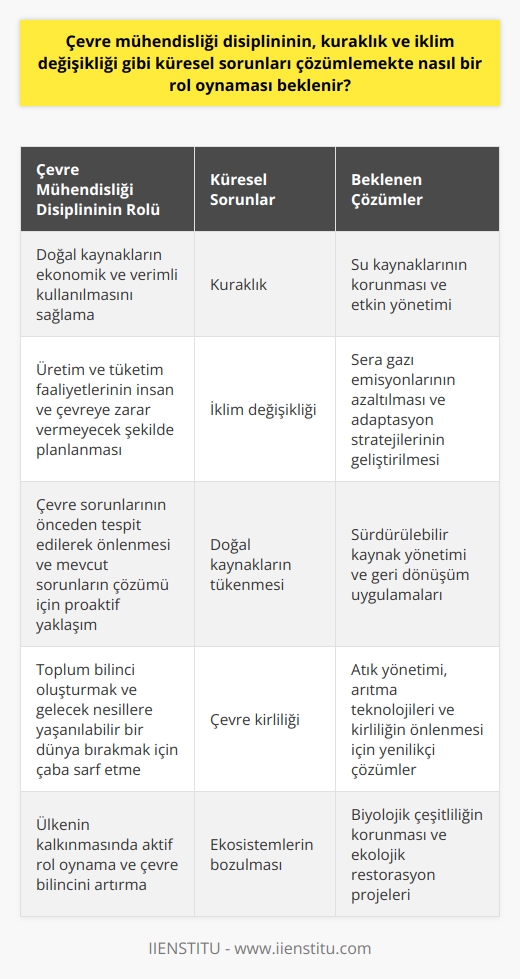 Çevre Mühendisliği ve Küresel Sorunların Çözümü  Çevre mühendisliği disiplininin, kuraklık ve iklim değişikliği gibi küresel sorunları çözümlemekte önemli bir rol oynaması beklenir. Çünkü bu disiplin, doğal kaynakların ekonomik ve verimli kullanılmasını sağlarken, aynı zamanda üretim ve tüketim faaliyetlerinin insan ve çevreye zarar vermeyecek şekilde planlanmasına odaklanır. Bu bağlamda, çevre mühendisleri matematik, fizik, kimya ve biyoloji gibi temel bilimlerin yanı sıra hidroloji, ekoloji, jeoloji, kimya ve mikrobiyoloji gibi alanlardan beslenerek yerel ve küresel çevre sorunlarına çözümler önerirler.  Çevre Kalitesi ve İnsan Sağlığına Katkı  Çevre mühendislerinin çalışmaları, çevre kalitesi ve insan sağlığı üzerinde olumlu etkiler yaratır. Bu disiplin, çevre sorunlarının önceden tespit edilerek önlenmesi ve mevcut sorunların çözümü için proaktif bir yaklaşım sergiler. Bu sayede, toplum bilinci oluşturmak ve gelecek nesillere yaşanılabilir bir dünya bırakmak adına önemli çabalar sarf ederler.  Kuraklık ve İklim Değişikliğiyle Mücadele  Küresel iklim değişikliği ve kuraklık sorunları, doğal kaynakların tükenmesi ve kirlenmesiyle doğrudan ilişkilidir. Bu nedenle, bu sorunları çözmek için çevre mühendislerinin etkin çözümler sunması ve sürdürülebilir yöntemler önermesi beklenir. Özellikle su kaynaklarının korunması, atık yönetimi ve doğal kaynakların verimli kullanılması konularında önemli rol üstlenirler.  Sürdürülebilir Kalkınma ve Toplum Bilinci  Çevre mühendisleri, 21. yüzyılda çevre sorunlarına proaktif bir bakış açısı getirerek ülkenin kalkınmasında aktif rol oynarlar. Bunun yanı sıra, toplumun çevre bilincini artırmak ve sorumluluklarını yerine getirmeleri için gerekli bilgi ve donanıma sahip olmalarını sağlarlar. Bu sayede, gelecekte çevre ve insan sağlığı açısından daha yaşanılabilir, sürdürülebilir ve sağlıklı bir dünyanın oluşumuna katkıda bulunurlar. Bu nedenle, toplumun ve bireylerin bu mühendislik alanına daha fazla destek vermesi ve farkındalık yaratması önemlidir.
