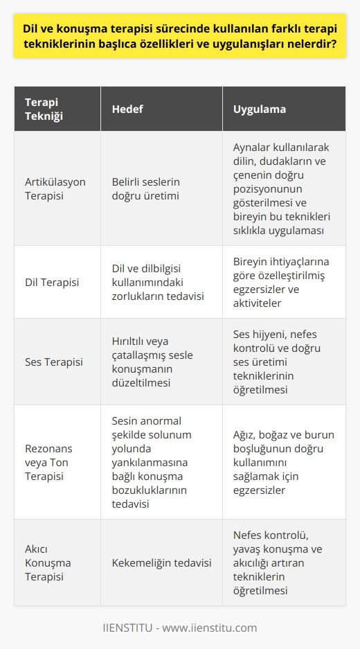 Dil ve konuşma terapi sürecinde kullanılan farklı terapi tekniklerinin başlıca özelliklerine ve uygulanışlarına bakacak olursak; bunlar arasında    terapisi, dil terapisi, ses terapisi, rezonans veya ton terapisi ve akıcı konuşma terapisi bulunmaktadır. Her biri birtakım dil ve konuşma sorunlarını çözmek için özel olarak tasarlanmıştır.    terapisi, bireyin belirli sesleri doğru bir şekilde üretebilmesini sağlar. Dil terapisi, dil ve dilbilgisi kullanımındaki zorlukları tedavi ederken, ses terapisi ise hırıltılı veya çatallaşmış sesle konuşan bireylere yardımcı olur. Rezonans veya ton terapisi, sesin anormal şekilde solunum yolunda yankılanmasına bağlı konuşma bozukluklarını tedavi eder. Akıcı konuşma terapisi ise kekemeliği tedavi eder.  Her bir terapi tekniği; yaş, konuşma ve dil kapasitesi, öğrenme ve motivasyon durumuna bağlı olarak bireyin ihtiyaçlarına göre uygulanır. Örneğin, bir birey bir sesi veya kelimeleri doğru şekilde üretmekte zorluk yaşıyorsa,  terapisi uygulanabilir. Bu terapide terapist, dilin, dudakların ve çenenin doğru pozisyonunu göstermek için genellikle aynalar kullanır. Birey daha sonra bu teknikleri sıklıkla uygULAR ve terapistin geri bildirim ve rehberliği ile doğru konuşmayı öğrenir. Bu tür eğitim seanslarının süresi ve sıklığı, bireyin öğrenme hızına ve terapiyi uygulamanın gerekliliğine bağlıdır.   Sonuç olarak, dil ve konuşma terapisinin amacı, dil ve konuşma bozukluklarına sahip bireylerin, kendilerini daha iyi ifade etmelerini sağlamaktır. Bu, sosyal etkileşimlerini ve genel yaşam kalitelerini önemli ölçüde artırabilir. Bu yüzden, dil ve konuşma terapileri son derece önemli ve değerlidir.