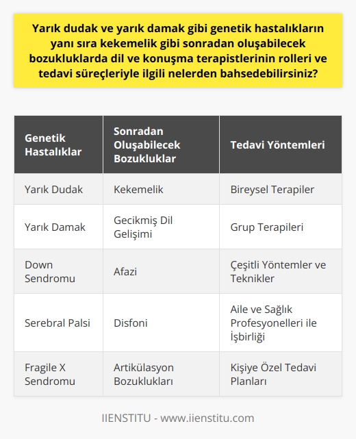 Dil ve konuşma terapistleri, yarık dudak ve yarık damak gibi genetik hastalıkların yanı sıra kekemelik gibi sonradan oluşabilecek bozuklukların tedavisinde önemli bir rol oynarlar. Bu uzmanlar, dil ve konuşma yeteneklerini geliştirmek ve bu yeteneklerdeki sorunları gidermek için bireysel ve grup terapileri düzenlerler. Terapi süreçleri genellikle, dil ve konuşma yeteneklerini artırmak ve düzeltmek için çeşitli yöntemler ve tekniklerin kullanıldığı oturumları içerir. Tedavi süreçleri, hastanın durumuna, yaşına ve kişisel ihtiyaçlarına bağlı olarak değişebilir. Terapistler ayrıca dil ve konuşma yeteneklerini geliştirmek için aileleri ve diğer sağlık hizmetleri profesyonelleri ile de işbirliği yaparlar. Türkiyede dil ve konuşma terapisti olmak için üniversite düzeyinde bir eğitim tamamlanmalıdır ve genellikle bu alanlarda yüksek lisans veya doktora yapmayı gerektirir. Bu alandaki profesyoneller, genetik veya sonradan gelişen dil ve konuşma bozukluklarına sahip bireylerin yaşamlarında büyük bir değişiklik ve iyileşme sağlayabilirler.